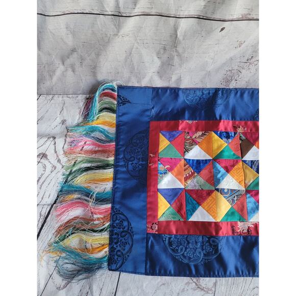Silk Multi Color Triangle Quilted Table Runner With Fringe Possibly Handmade 36" - Picture 6 of 13